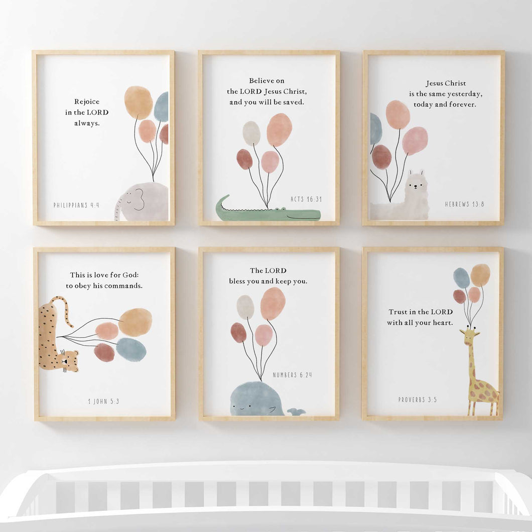 set of 6 boho cute animal with balloons bible verse art prints 07-171