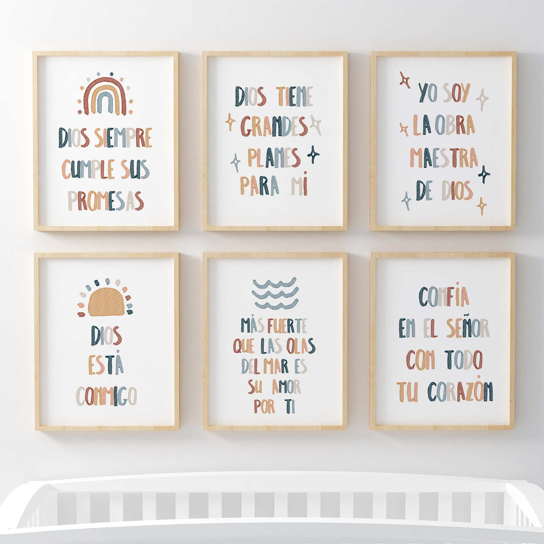 set of 6 boho Christian kids bible verse in Spanish art prints 07-185