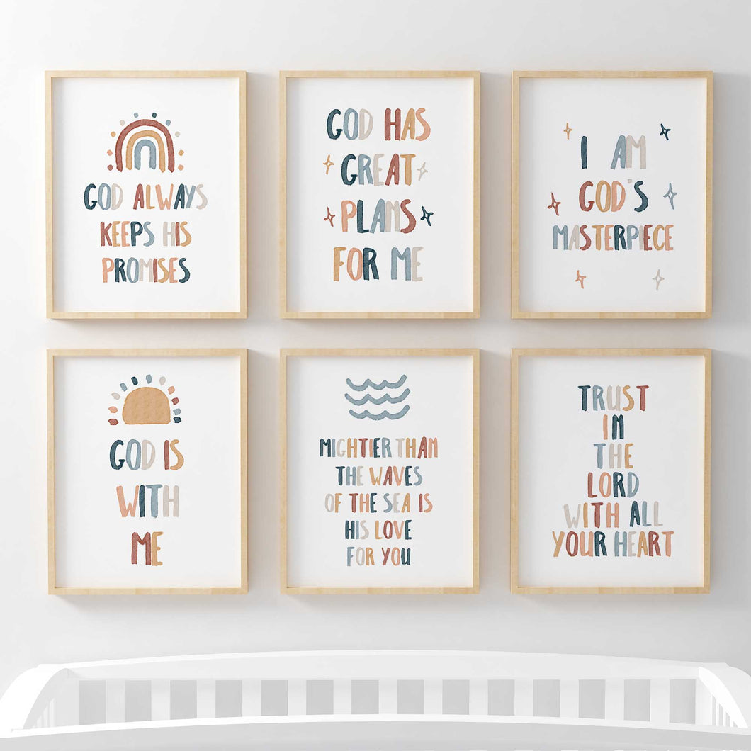 set of 6 boho Christian kids bible verse art prints 07-172