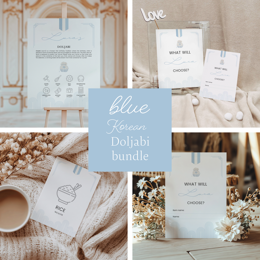 Editable Korean Blue First birthday baby boy party Doljabi template 0304