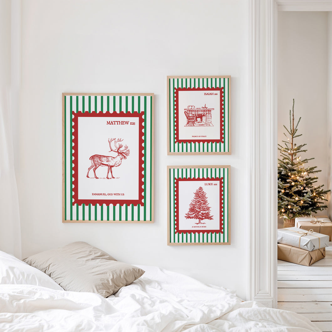Vintage Christian Christmas stamp Wall Art Set of 3 Art Print 13-227