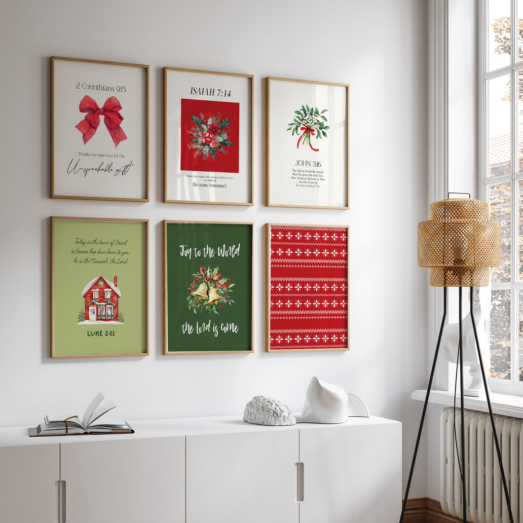 Set of 6 Red Green Christian Christmas Bible Verse Wall Art Prints 13-212