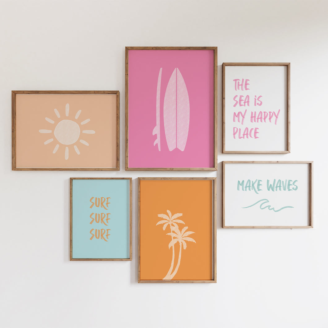 Watercolor boho pink girls coastal surf gallery wall art prints 07-26702