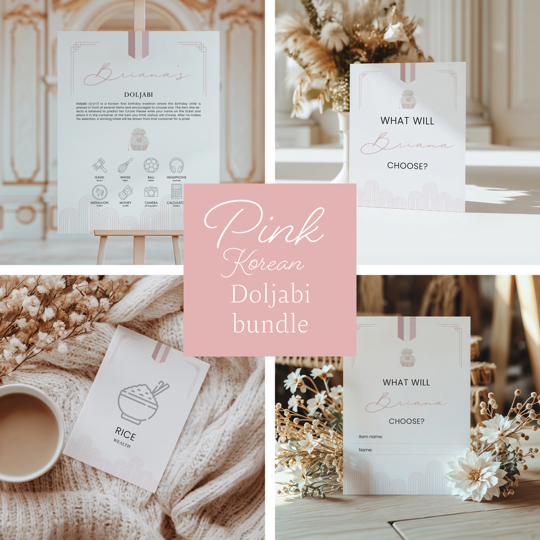 Editable Korean Pink First birthday baby girl party Doljabi template 0303
