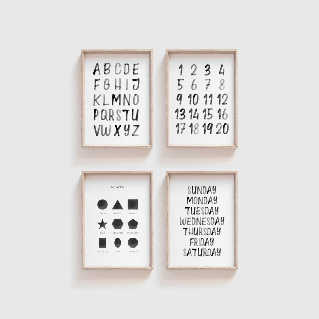 set of 4 black alphabet watercolor art prints 07-4001