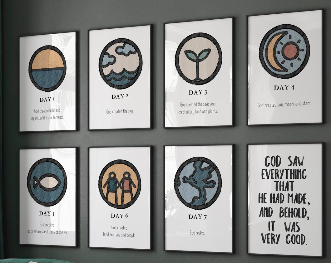 7 days of creation set of 8 prints