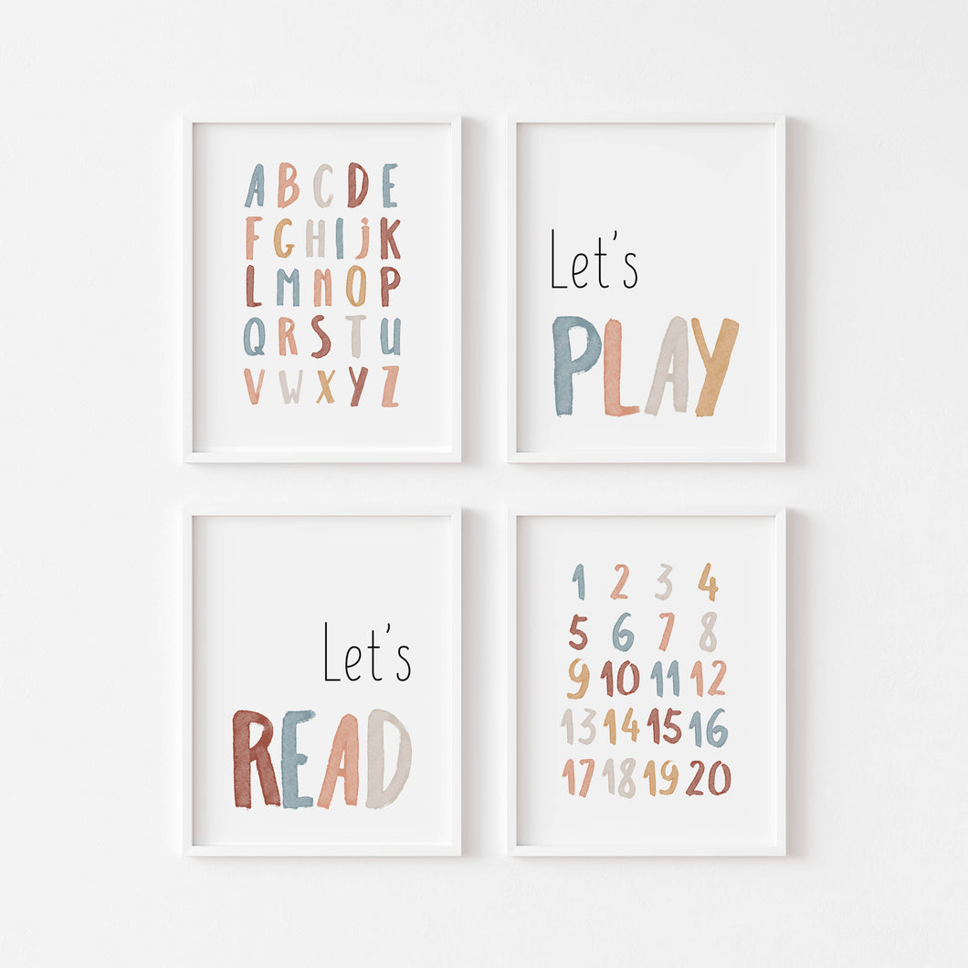 Watercolor boho earthy color set of 4 alphabet art prints 07-106