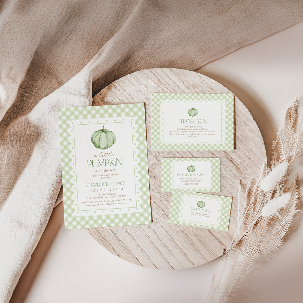 2019 Green Pumpkin Baby Shower Invitation Set, Editable Template with Diaper Raffle, Books for Baby, Thank You Card, Fall Baby Shower Bundle