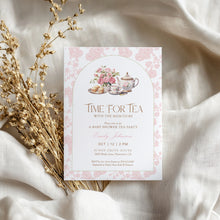 Load image into Gallery viewer, 2023 time for tea pink floral baby shower invitation mini set
