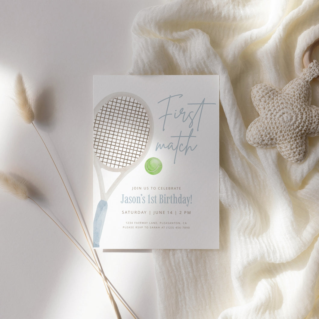 0312 blue first match tennis birthday invitation template