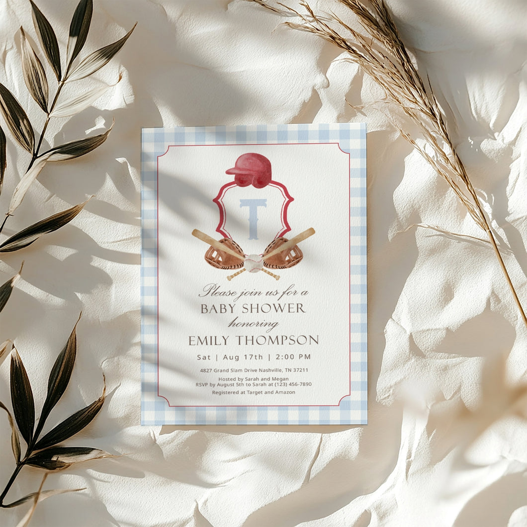Corjl editable blue red preppy baseball baby shower crest invitation 2016