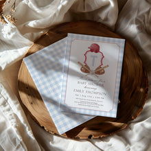 Load image into Gallery viewer, Corjl editable blue red preppy baseball baby shower crest invitation 2016
