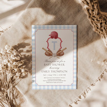 Load image into Gallery viewer, Corjl editable blue red preppy baseball baby shower crest invitation 2016
