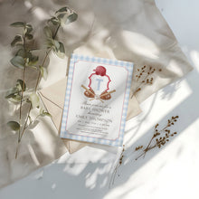 Load image into Gallery viewer, Corjl editable blue red preppy baseball baby shower crest invitation 2016
