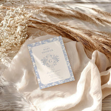 Load image into Gallery viewer, Corjl editable blue floral monogram baby shower invitation 2015
