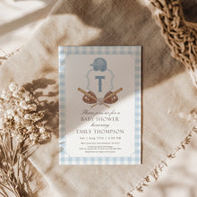 Load image into Gallery viewer, Corjl editable blue preppy baseball baby shower crest invitation 2016
