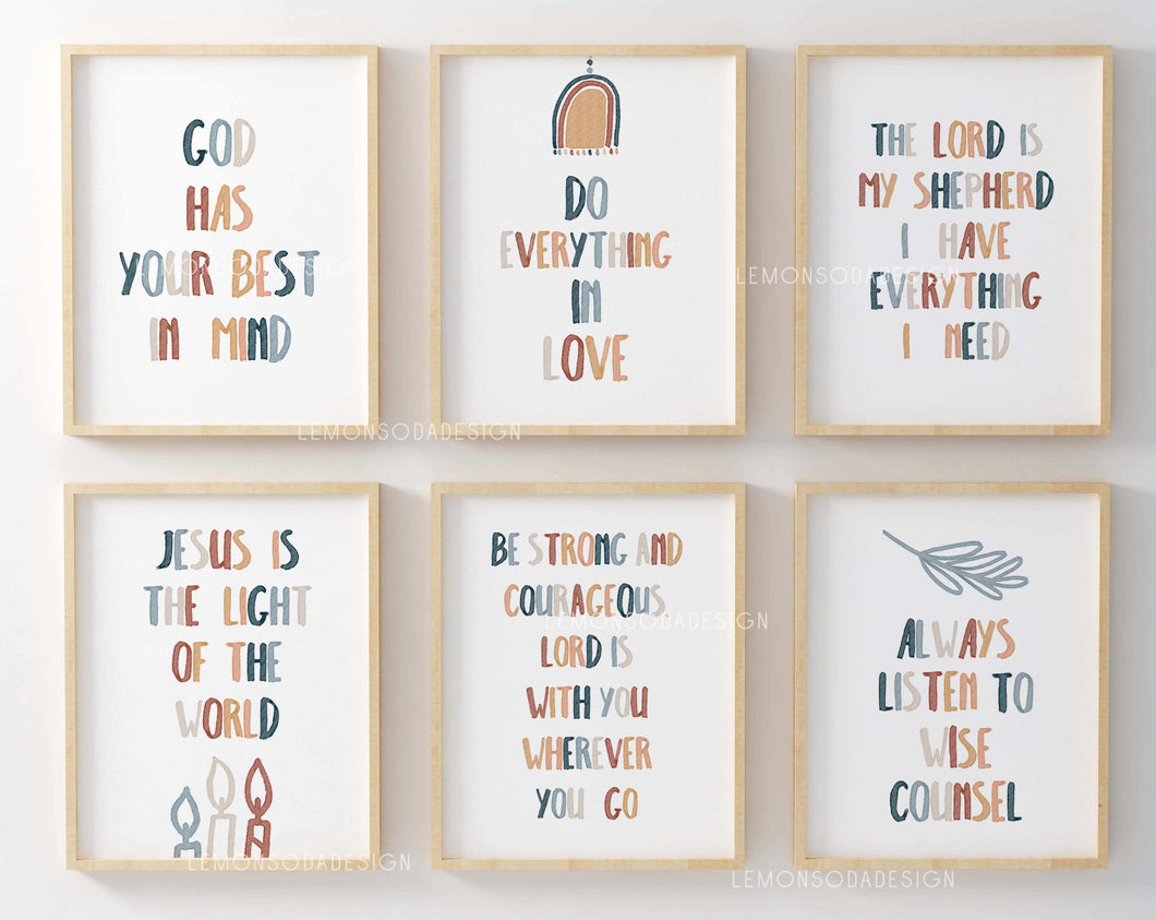 Kids bible verse boho style set of 6 prints