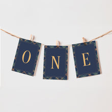 Load image into Gallery viewer, 0327 Navy Tartan Teddy Bear Girl First Birthday Photo Banner Template, Digital Download
