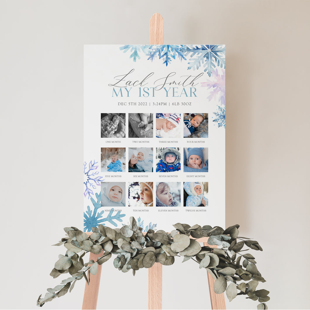 0319 Blue Snowflakes Winter Onederland Milestone Sign Template - Editable 12-Month Growth Chart Digital Download