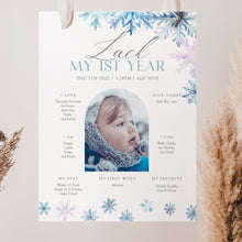 Load image into Gallery viewer, 0319 Blue Snowflakes Winter Onederland Milestone Sign - Printable 1st Birthday Stats Template - Digital Download
