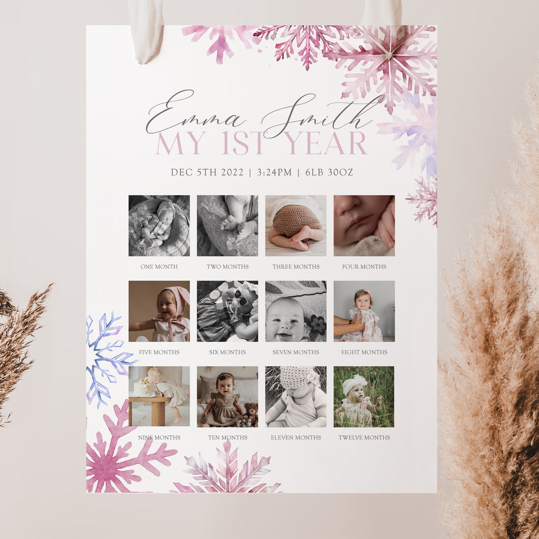 0319 Pink Snowflakes Winter Onederland Milestone Sign Template - Editable 12-Month Growth Chart Digital Download