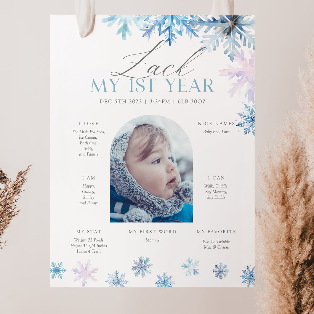 0319 Blue Snowflakes Winter Onederland Milestone Sign - Printable 1st Birthday Stats Template - Digital Download