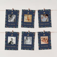 Load image into Gallery viewer, 0327 Navy Tartan Teddy Bear Girl First Birthday Photo Banner Template, Digital Download
