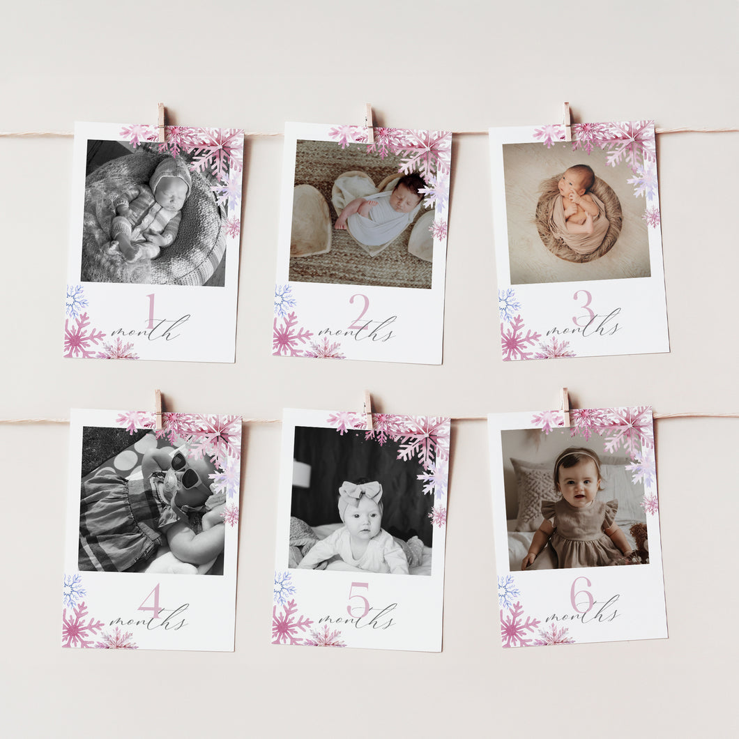 0319 Winter Onederland Editable Banner Template - Pink Snowflake 1st Year Photo Milestone Decor