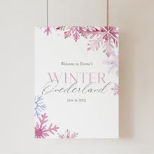 Load image into Gallery viewer, 0319 Pink Winter Onderland Snow Flakes 1st Birthday party Welcome sign template (digital download)
