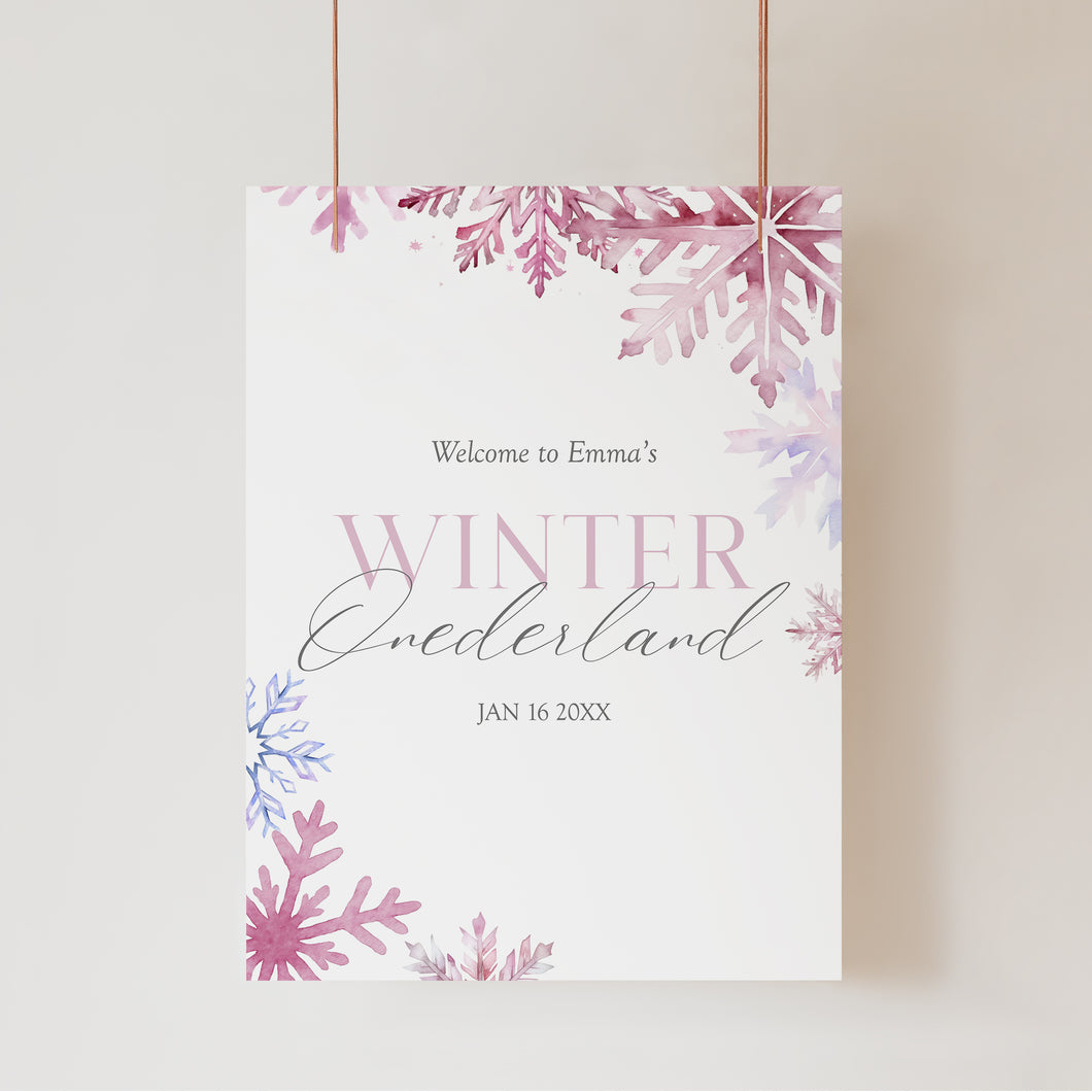 0319 Pink Winter Onderland Snow Flakes 1st Birthday party Welcome sign template (digital download)