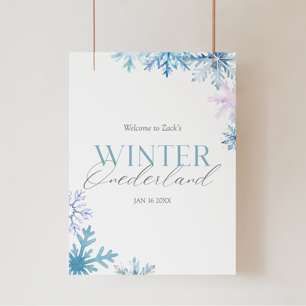 0319 Blue Winter Onderland Snow Flakes 1st Birthday party Welcome sign template (digital download)