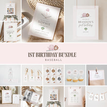 Load image into Gallery viewer, Pink Baseball 1st Birthday Invitation, Preppy Crest Monogram Template 0314
