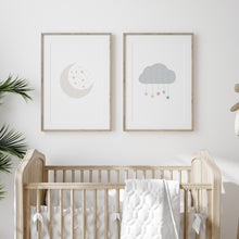 Load image into Gallery viewer, Watercolor boho pastel moon and cloud set of 2 art prints 07-26410
