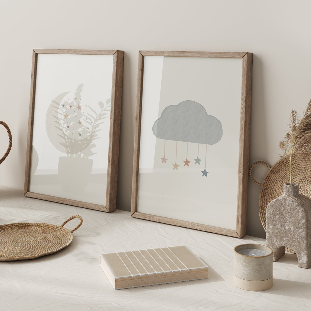 Watercolor boho pastel moon and cloud set of 2 art prints 07-26410