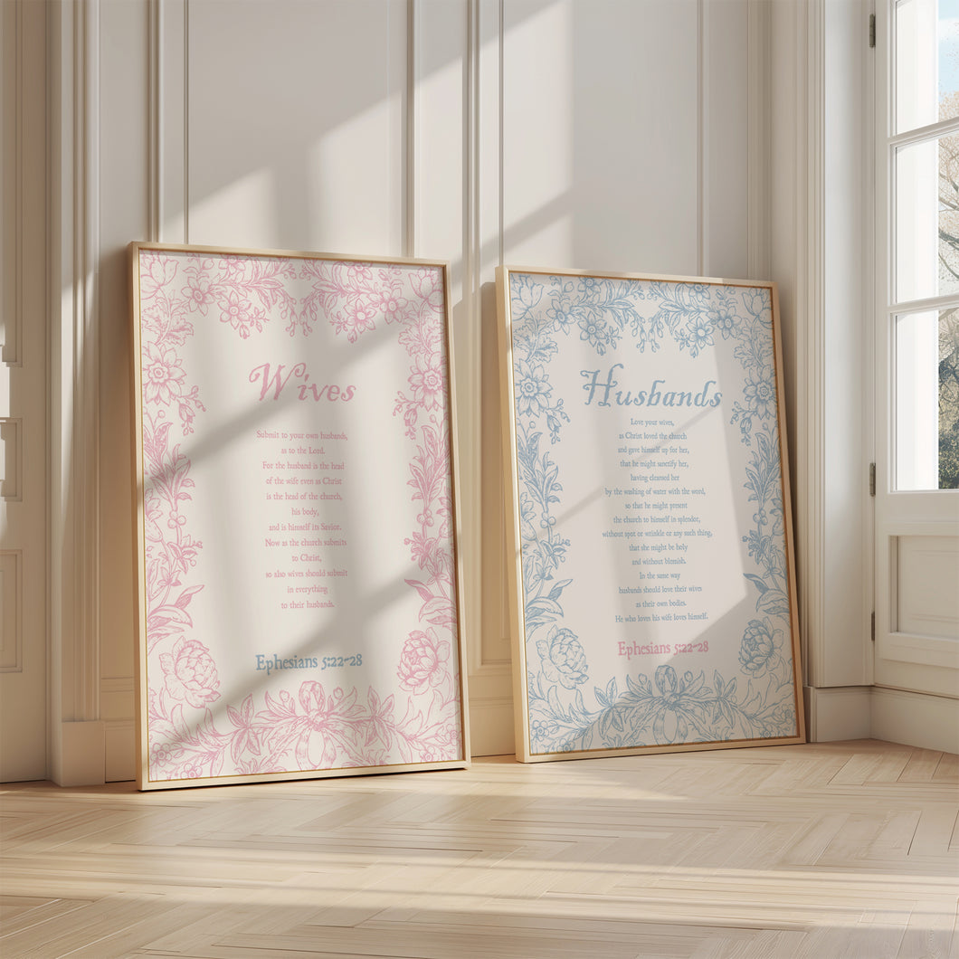 Pink and blue husband and white bible verse set of 2 art prints