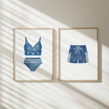 Load image into Gallery viewer, Watercolor blue swimsuit painting set of 2 art print 07-33705
