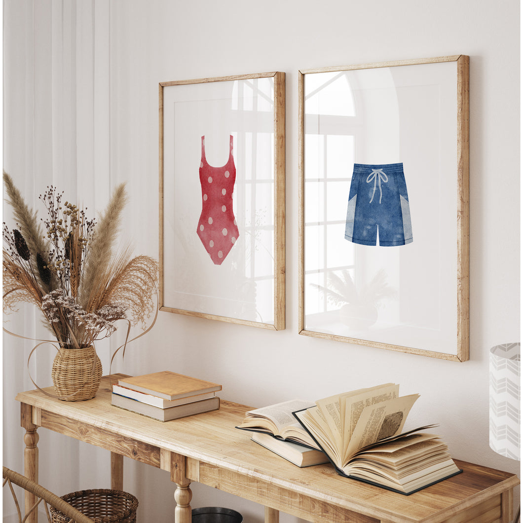 Watercolor red and blue swimsuit painting set of 2 art print 07-33703