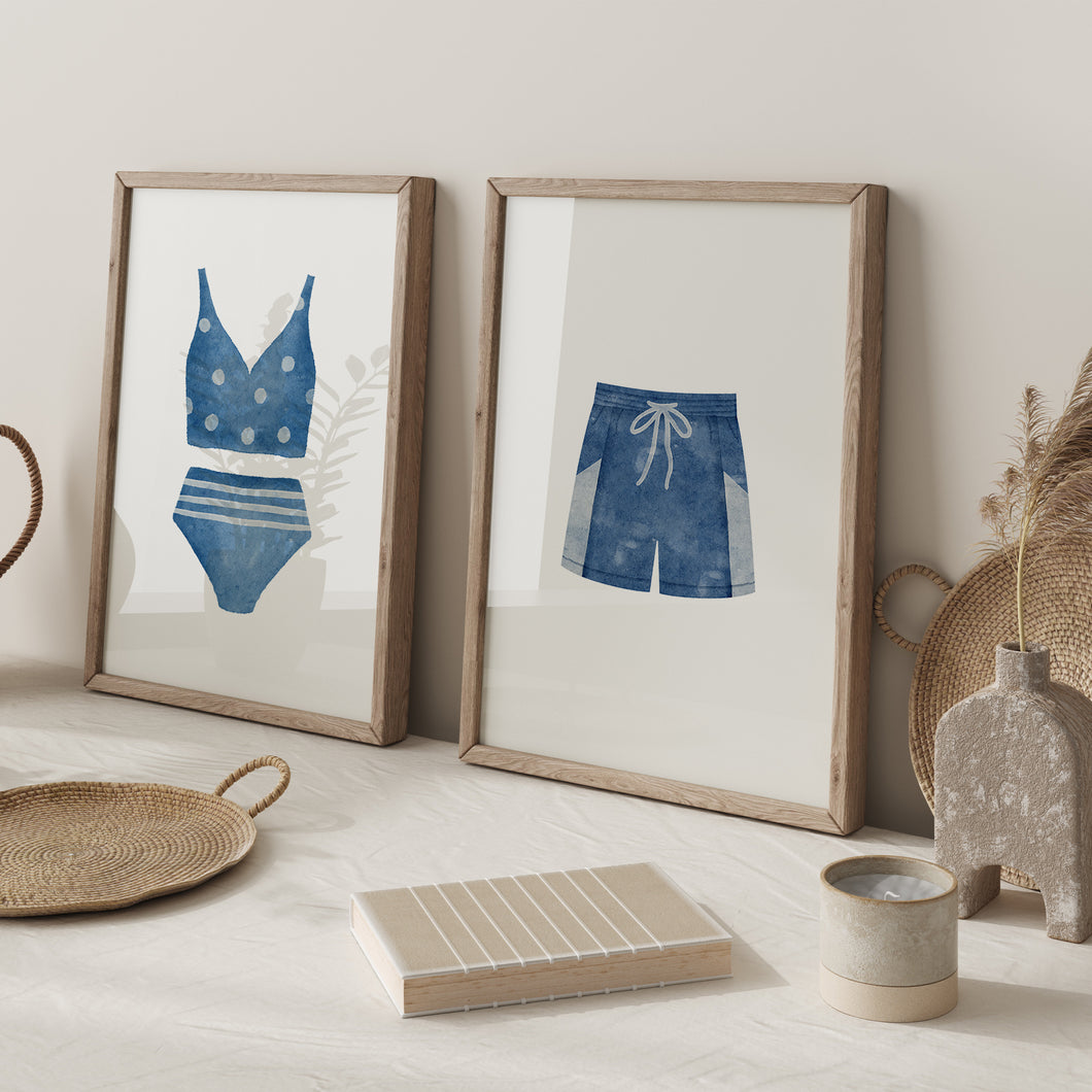 Watercolor blue swimsuit painting set of 2 art print 07-33705