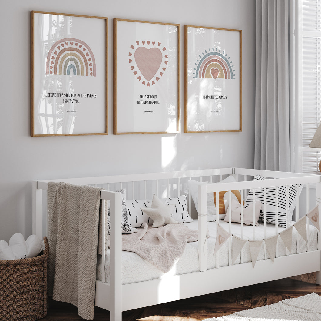 Watercolor pink boho rainbow heart set of 3 art prints 07-25201