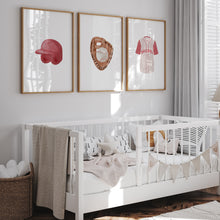 Load image into Gallery viewer, Watercolor red baseball sports nursery set of 3 art prints 07-27308
