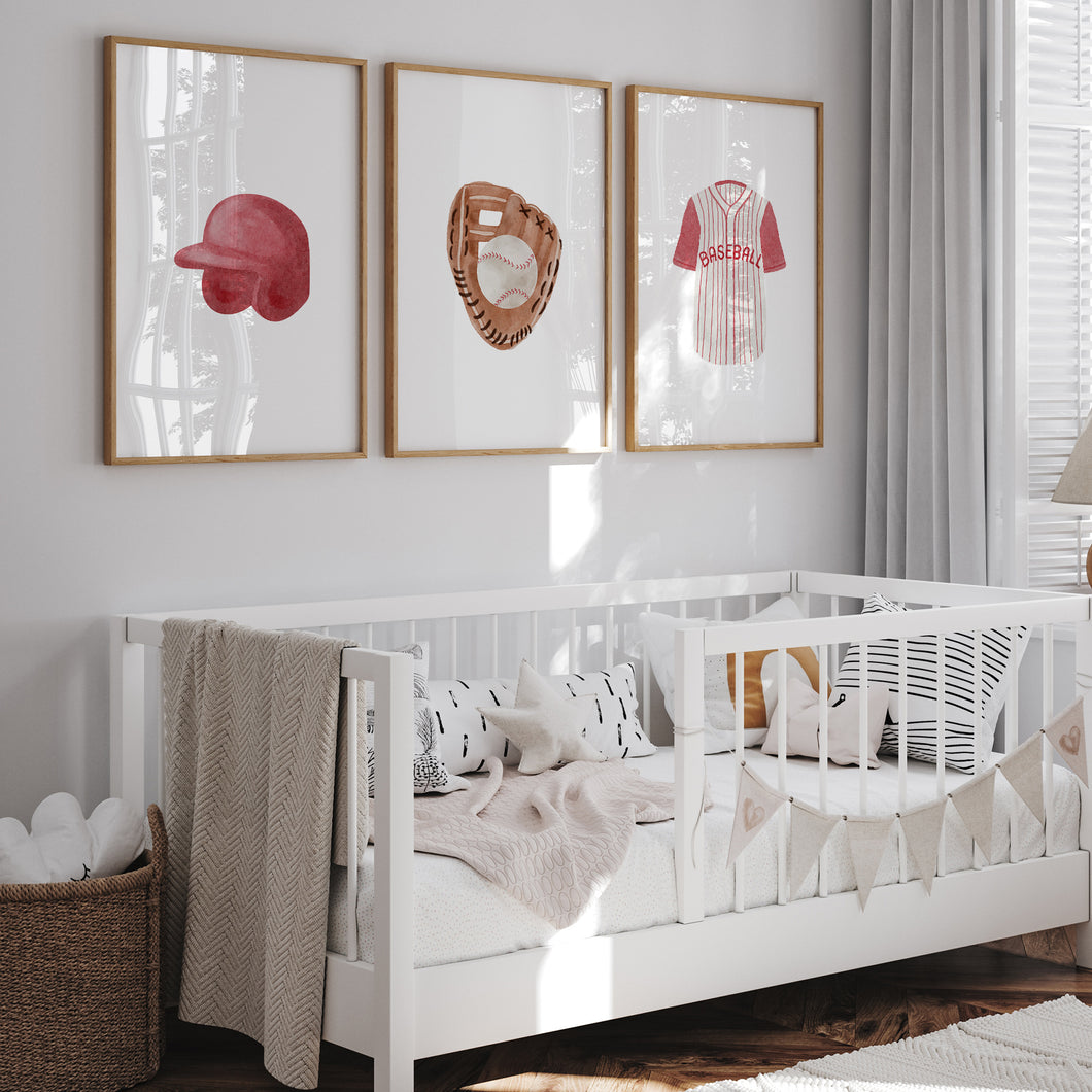 Watercolor red baseball sports nursery set of 3 art prints 07-27308