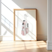 Load image into Gallery viewer, Watercolor pink golf jacket, golf ball tee, and golf club set of 3 wall art prints 07-27111
