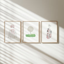 Load image into Gallery viewer, Watercolor pink golf jacket, golf ball tee, and golf club set of 3 wall art prints 07-27111

