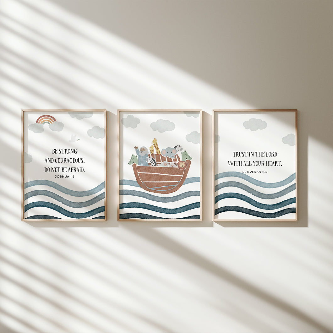 Watercolor set of 3 Noah's ark Christian kids bible verse art prints 07-270