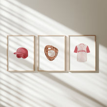 Load image into Gallery viewer, Watercolor red baseball sports nursery set of 3 art prints 07-27308
