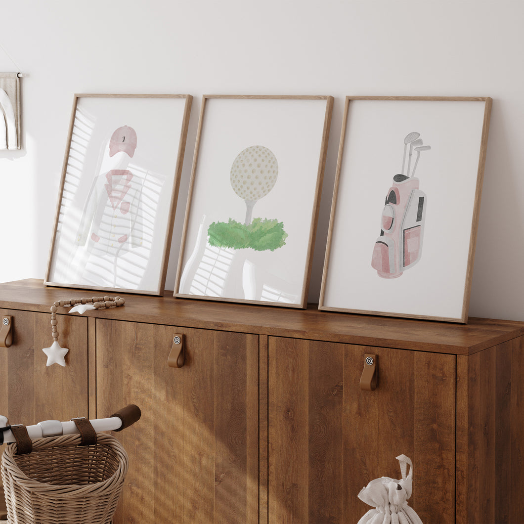 Watercolor pink golf jacket, golf ball tee, and golf club set of 3 wall art prints 07-27111