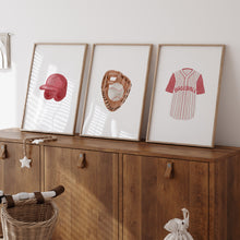Load image into Gallery viewer, Watercolor red baseball sports nursery set of 3 art prints 07-27308

