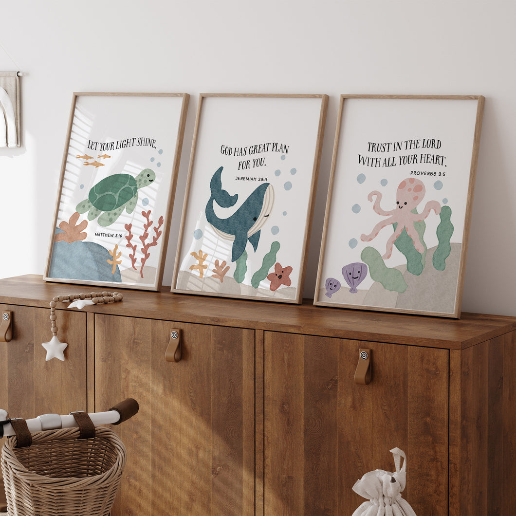 Watercolor set of 3 nautical under the sea Christian kids bible verse art prints 07-26202