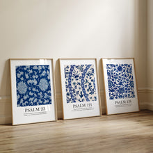 Load image into Gallery viewer, set of 3 blue chinoiserie pattern bible verse art prints
