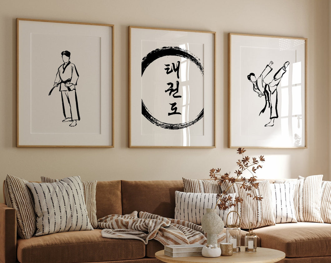 Taekwondo set of 3 prints, Modern Martial arts Wall Art, Hand-drawn Korean Wall Art, Korean Gift, Brushstroke Wall Art, Trendy Poster, Hangul